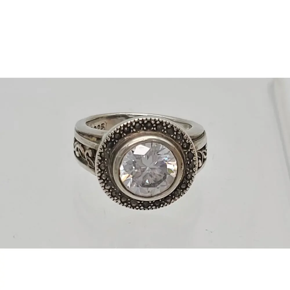 Vintage Sterling Silver Cushion Cut Cubic Zirconia Marcasite Ring Sz 8.5